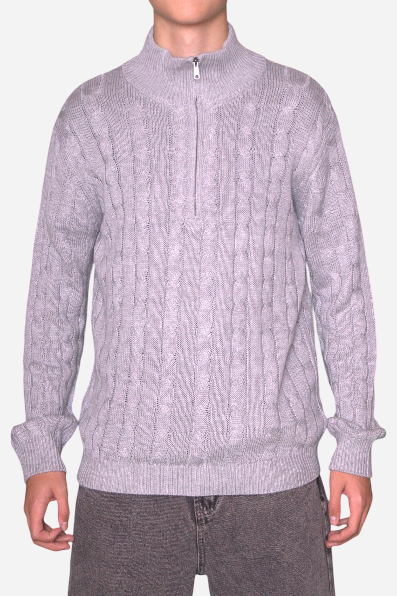 Basic - Half Zip Cable Knit - Light Grey