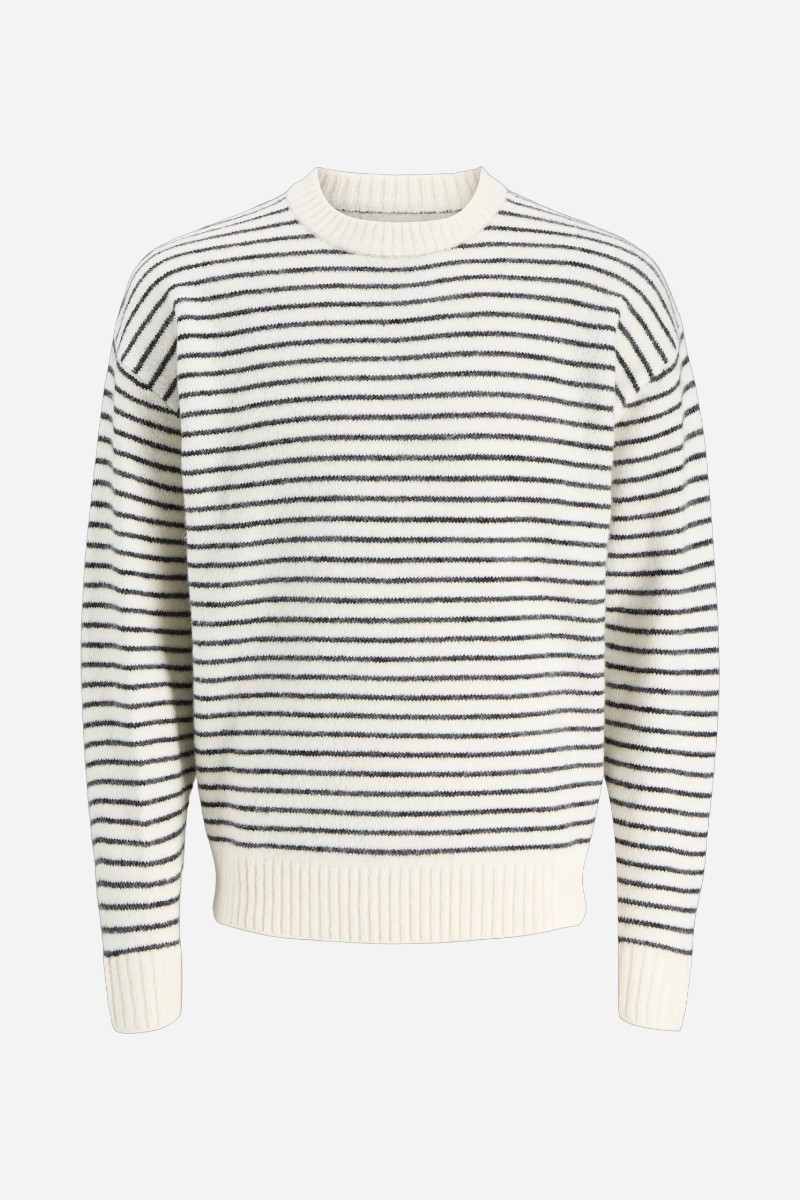 Jack & Jones SOHO OLLIE STRIPE KNIT CREW NECK - Antique White / Castle Rock / Black